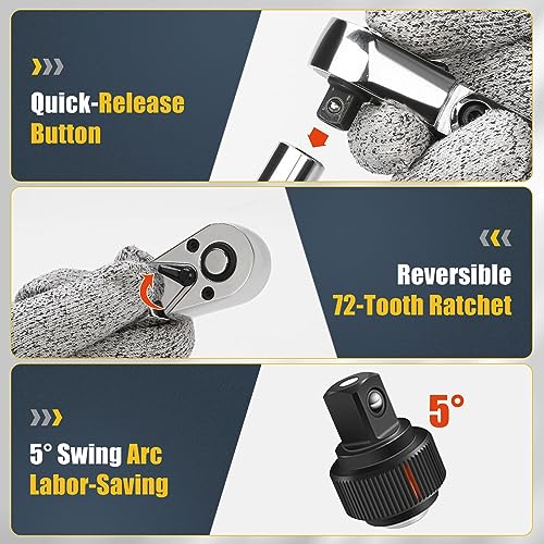 YIYEIE 6-Piece Flex Head Ratchet Set, 1/4", 3/8", 1/2" Drive, Swivel Head Ratchet Wrench with Extension Bar, 72 Tooth, 180° Adjustable, Quick-Release, Flexible Ratchet Handle with EVA Foam - size: 1/4", 3/8", 1/2" Drive, style: 6pcs Flex Head Ratchet Set