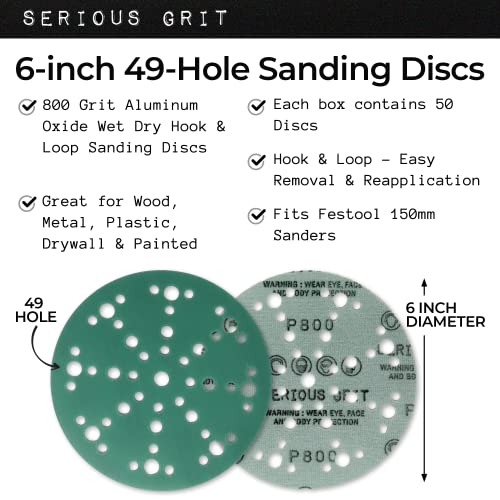 Serious Grit - 6-Inch 49-Hole P800 Grit Sanding Discs - 50 Pack Box - size: 800 Grit