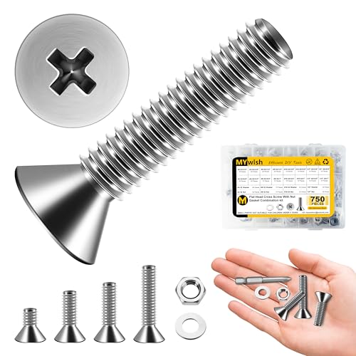 Mywish 750Pcs #6-32#8-32#10-24 1/4-20" Nuts and Bolts Assortment Kit, Phillips Flat Head Assorted Screws Nuts and Bolts, 304 Stainless Steel Machine Screw Assortment Kit - style: 750Pcs SAE Flat Head