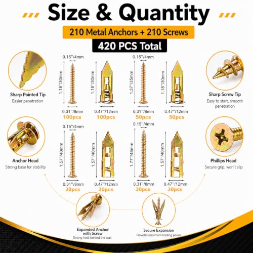 Jyphorixal 420Pcs Self Drilling Drywall Anchors with Screws Kit,Zinc Plated Steel,4 Sizes Expansion Screws and 2 Sizes Wall Anchors,No Drill Dry Wall Anchors and Screws Kit - size: 420Pcs 6Size kit