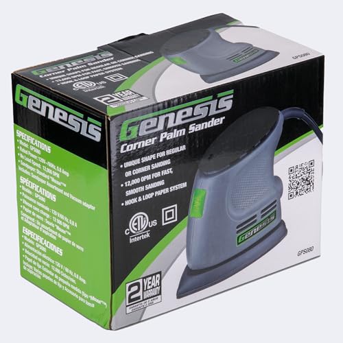 Genesis Detail Palm Sander with Palm Grip, Vacuum Port, Hook-and-Loop System, Dust-Proof Power Switch, and Sandpaper (GPS080) - style: Corner Palm Sander