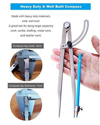 10 inch Professional Woodworking Compass with Pencil Holder Lockable Wing Divider for Carpenter Leather Work Compass Scribe, Geometry Drafting - size: 10 inch