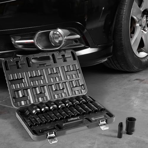 VEVOR Impact Socket Set, 26pcs x 1/2inch Metric 10mm-36mm Impact Sockets, 6-Point Deep Socket Rugged Construction High-torque, Cr-V 1/2 Inches Drive Socket Set Impact with a Storage Cage - size: 1/2" 26PCS