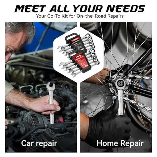 DISEN 10Pcs Ratcheting Wrench Set SAE & Metric Ratchet Wrench Set with Rack Organizer, Premium CR-v Steel, 12 Point, 72 Teeth,Box End and Open End Ratcheting Wrench Set,Metric 10-15mm&SAE 3/8''-5/8'' - size: 10pcs metric & sae set