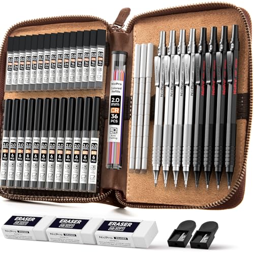 Nicpro 45PCS Black & Silver Metal Mechanical Pencil Set in Leather Case, Art Drafting Pencil 0.5, 0.7, 0.9 mm, 2mm Lead Holders for Sketching Drawing With 27 Tube (6B 4B 2B HB 2H 4H Colors)Lead Refill - color: Black & Silver