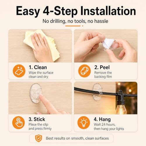 Outdoor String Lights Adhesive Hooks - 40Pcs Clips 3X Stronger Adhesion - color: Clear 40 hooks