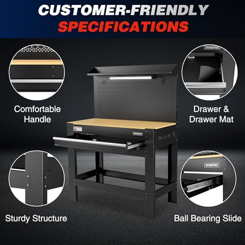 WORKPRO 45" Workbench with Pegboard, Power Outlet & LED Light - size: 48 inch
