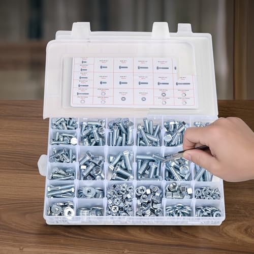 VEVOR 566 Pcs Bolts and Nuts Assortment Kit, Imperial Machine Screws and Flat Washers, Alloy Steel 1/4-20,5/16-18,3/8-16, for Furniture/Equipment/Vehicle Assembly, Galvanized White - size: 566 PCS - Imperial (1/4-20, 5/16-18, 3/8-16)