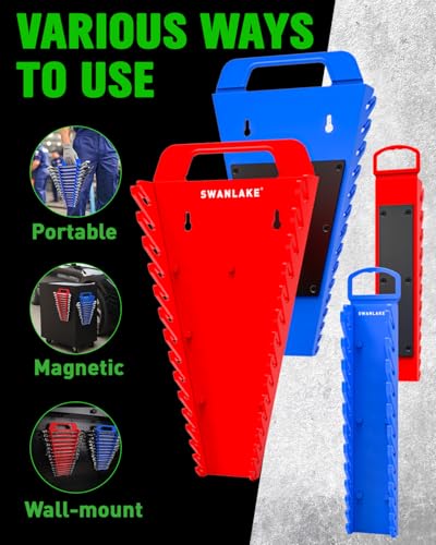 SWANLAKE 4-Pack Magnetic Wrench Organizer Toolbox Holder, 2PCS 15-Slot and 2PCS 12-Slot Wrench Organizers, SAE & Metric Ratchet Holders for Tool Box - style: 54-Slot Red&Blue
