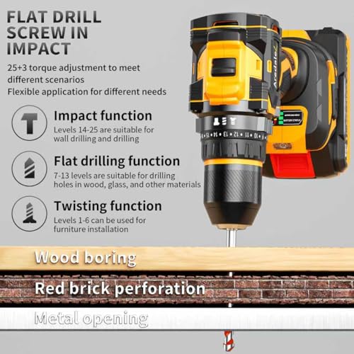 20V Cordless Drill Set, Brushless Power Drill Driver with 2*2.0Ah Battery and Charger, 3/8" Keyless Chuck, 2 Variable Speed with LED, Professional Drill Bits Kit for Home DIY and Woodworking