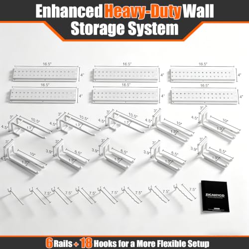Garage Tool Organizer Wall Mount 99 inches with 18 Adjustable Heavy-Duty Hooks, Garage Organization, Garden Tool Storage Rack for Garage,Yard,Shed,Holds Up to 750 lbs,White - color: White, size: 99" | 6 Panels + 18 Hooks