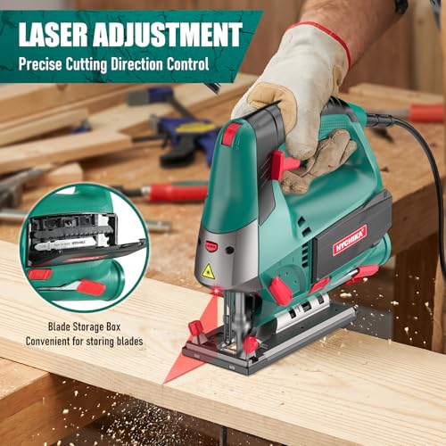 HYCHIKA 6.7A 800W Corded Jig Saw, Jigsaw Tool Power Jig Saws,6‑Speed Up to 3000 SPM, 4 Orbital Settings, Laser Guide, ±45° Bevel Cutting, Tool‑Free Blade Change, 6 Blades for Wood Metal Plastic