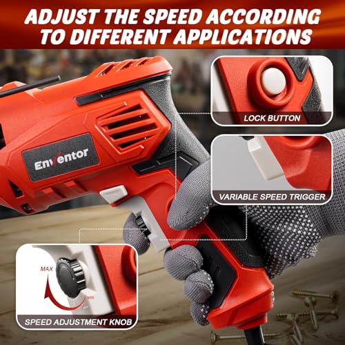 Enventor Hammer Drill with 9 Bits, Variable Speed, 900W, 1/2" Chuck, Corded