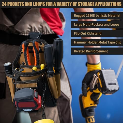 MELOTOUGH Small Electrician Tool Pouch With Belt Clip Attachment - 9 Pockets Tradesman Bag With Tape Thong - Holster for Electricians - color: Khaki Electrician Tool Pouch