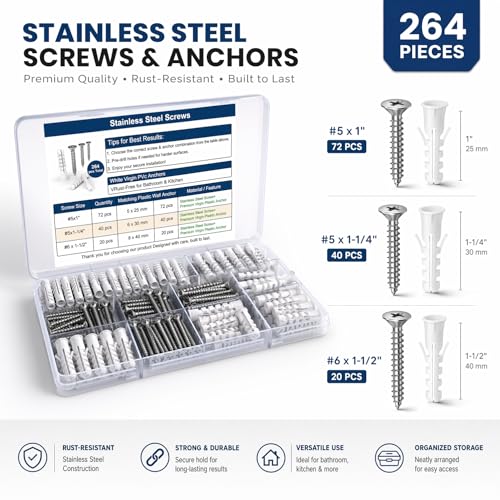 Drywall Anchors and Screws Kit – 264PCS Stainless Steel Screws and Anchors for Wall, Drywall, Picture Hanging – Heavy Duty Plastic Wall Anchors Set for Drywall, Anchors for Screws