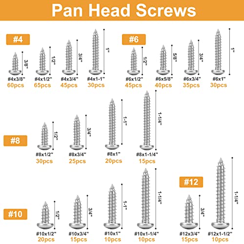 VIGRUE 510Pcs Stainless Steel Wood Screws Assortment Kit, #4#6#8#10#12 Phillips Pan Head Sheet Metal Screws Self Tapping Screws Set,Length 3/8" to 1-1/2" - style: 510Pcs Pan Head #4#6#8#10#12