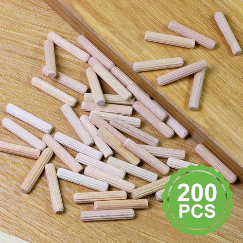 1/4" x 1-1/4" Wooden Dowel Pins, FoDau770 Fluted Wood Dowel Rods, Natural Beech Wood Dowel Pegs for Crafts, Woodworking, DIY Furniture - 200 Pieces - size: 1/4" x 1-1/4"
