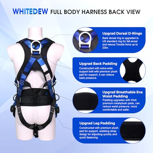 Fall Protection Premium Safety Harness with Shock Absorbing Lanyard, Vented & Padded Shoulder, Legs & Back - Upgrade 4 Quick Buckles (Blue) - color: Blue