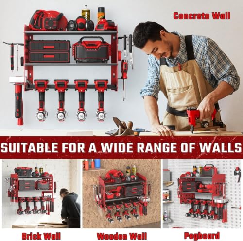 SUNALLY Power Tool Organizer, Wall Mount Garage Tools Storage Rack, Red - style: 4 Drill Holders D