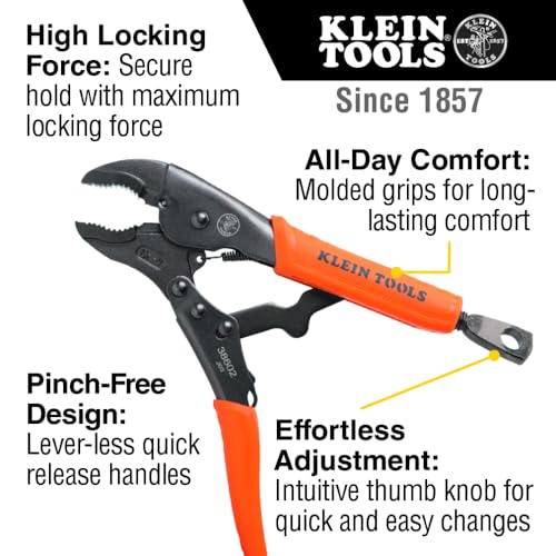 Klein Tools 38602 Curved Jaw Locking Pliers with Quick Release Handles, Intuitive Thumb Knob, High Torque and Gripping Power, 10-Inch - size: 10-Inch