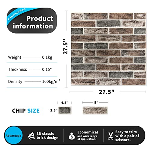 Art3d 10-Pack Durable Faux Brick Peel and Stick 3D Wall Panels, Gray Brown - color: Gray/Brown, size: 10pcs-27x27inch