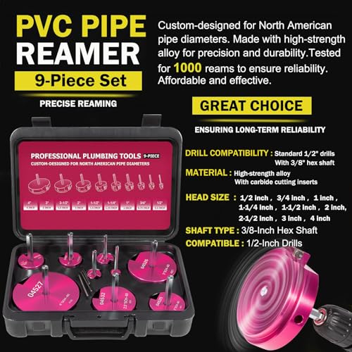 Premium 9-Piece PVC Pipe Reamer Kit, Includes Sizes 1/2", 3/4", 1", 1-1/4", 1-1/2", 2", 2-1/2", 3", 4", For Standard 1/2" Drills, Ideal for PVC, CPVC, ABS Pipes, Perfect for Plumbing Repairs