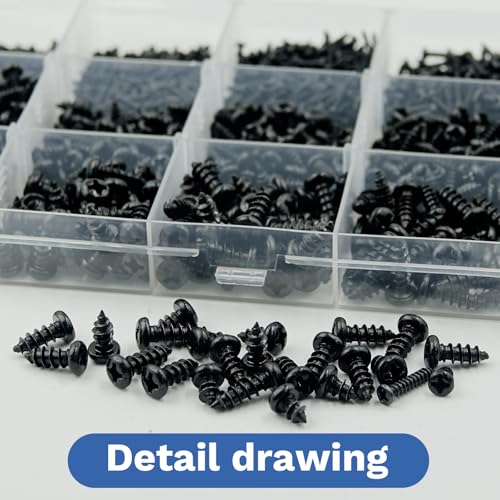 1240Pcs Self-Tapping Screws Assortment Kit - Phillips Pan Head Wood Screws, M1-M4 Black Carbon Steel Metric Screw Set, 14 Sizes for Wood Plastic Metal, DIY Furniture Cabinet Electronics - size: M1/1.2/1.4/1.7/2.5/3/4-1240Pcs