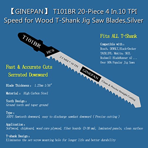 Jigsaw Blades T Shank 20PCS T101BR with Storage Case | Compatible with Bosch Dewalt Black and Decker Jig Saw Blades Set for Wood, 4 in. 10 TPI Fast & Accurate Cuts （Tooth Down） - style: T101BR-20