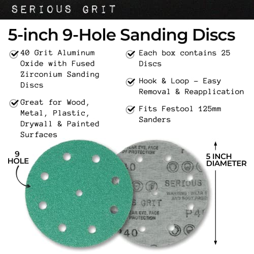 Serious Grit - 5-Inch 9-Hole P40 Grit Sanding Discs - 25 Pack Box - size: 40 Grit