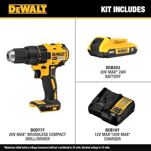 DEWALT 20V MAX Cordless Drill Driver Set, Electric Drill, Brushless 1/2 In 2 Speed, 2.0 Ah Battery and Charger Included, LED Light (DCD777D1)