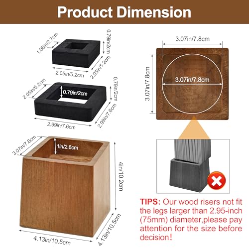 Wooden Bed Risers 4 Inch Heavy Duty, Support 2500 lbs, Retro Brown - color: Retro Brown, size: 4"H(Inner 3"H)