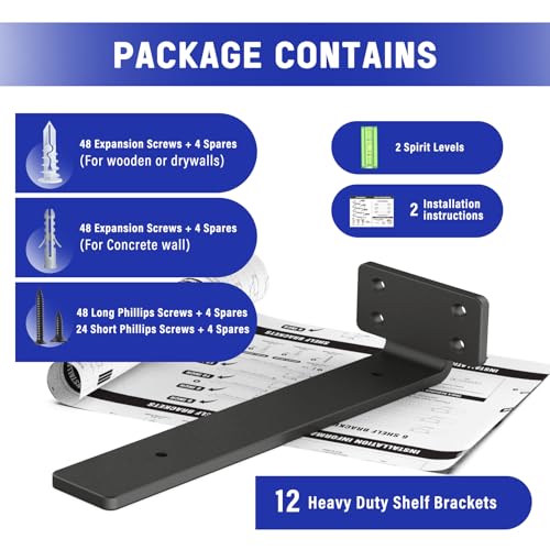 Goovilla Shelf Bracket, Floating Shelf Brackets 10 inch Long, 12 Pack,Black - size: 10 Inch, style: Black 12Pack