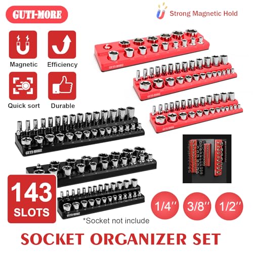 GUTIMORE Magnetic Socket Organizer Set, 6PCS Socket Holder,1/4", 3/8", 1/2" Metric & SAE Magnetic Socket Tools Trays,Holds 143pcs Sockets For Tool Box Drawer (Socket not Included)