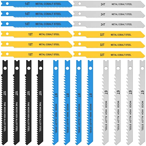 24PCS Jig Saw Blade Set, High Carbon Steel Assorted Saw Blades, U-Shank Sharp Fast Cut Down Jigsaw Blade for Wood Metal Plastic Cutting Includes 6t 8t 10t 14t 18t 24t 32t