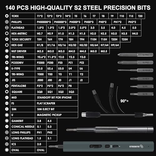 STREBITO Electric Screwdriver, 155 in 1 Precision Electric Screwdriver Set | 140 S2 Magnetic Bits, 3 Torque Settings, 650mAh Battery, Electronic Power Screwdriver Tool Kit for RC, Computer, PC, Laptop - color: Black