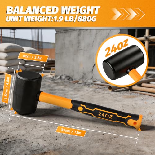 24 OZ Rubber Mallet Hammer, GIFT GLOVES. | Solid Head & Non-Slip Ergonomic Grip Handle, Soft Face Hammer For Woodworking, Flooring, Tiling, Camping and More - style: 24 OZ Rubber Mallet Hammer