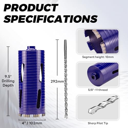 4" Core Drill Bit with Pilot Bit & Adapters(SDS Plus and 1/2" Hex), 5/8"-11 Thread, 9.5" Depth, Upgraded-Welded Segments Diamond Core Bits for Concrete, Masonry, Brick Block - size: 4"