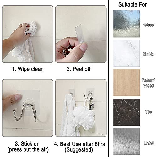 15 Pack Large Double Adhesive Wall Hooks, Damage-Free Waterproof 33 Ib Max Heavy Duty Hanging Clear Seamless Sticky Utility Hooks, Towel Coats Hats Clothes Nail Free Hangers (Twin Round Head) - color: 02 Double Large Hook