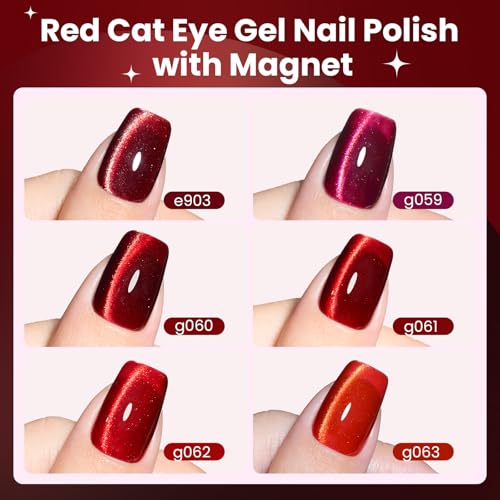 Beetles Red Cat Eye Gel Nail Polish Set, 6 Colors Glitter Red Gel Polish - color: A - Cat Eye | Sultry Burgundy