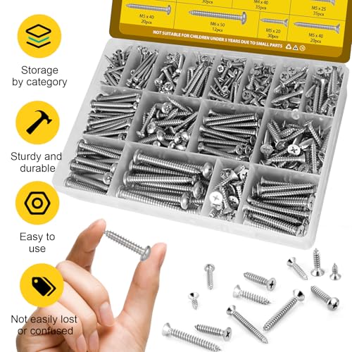 635Pcs 304 Stainless Steel Self Tapping Screws Assortment Kit, M3/M4/M5/M6 Phillips Flat Head & Pan Head Wood Screw Kit - size: 635pcs M3M4M5M6 Silver