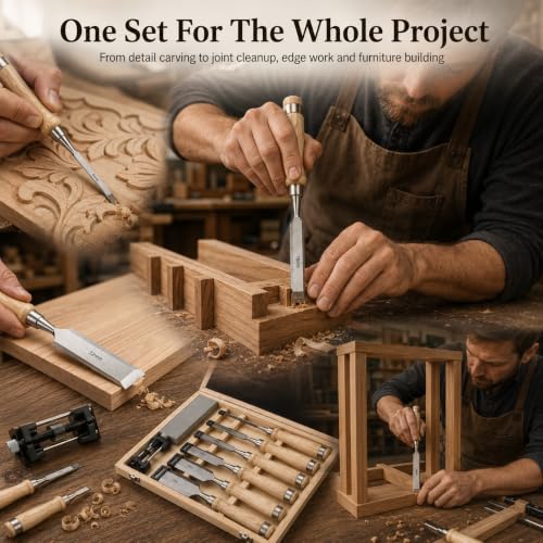 8 Pcs Wood Chisel Set for Woodworking, CR-V Steel Wood Carving Chisels Kit (1/4" to 1-1/2") with Sharpening Stone & Honing Guide, Professional Carpentry Hand Tools in Wooden Box