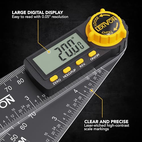 LEXIVON Aluminum Digital Angle Finder Gauge, 5-inch/130mm Multi-Purpose Protractor, Includes XL Display and Rugged Zippered Pouch (LX-DAF5) - size: 5 Inch