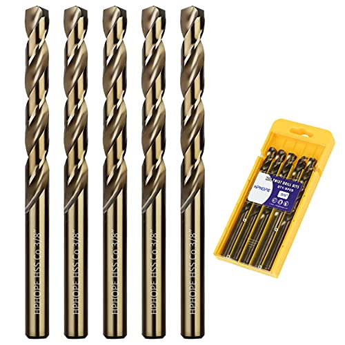 3/8 Inch Cobalt Drill Bits 5Pcs - HPHOPE M35 HSS Metal Twist Drill Bits Set, Jobber Drill Bits Length and Straight Shank, Suitable for Drilling in Hard Metal, Stainless Steel, Cast Iron - size: 3/8-inch, 5Pcs