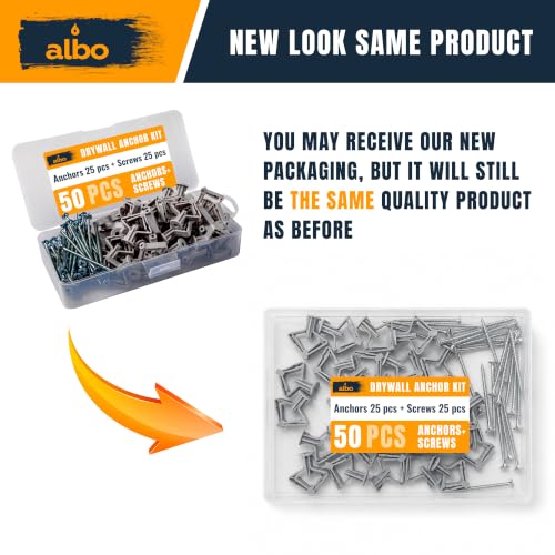 ALBO Drywall Anchor Kit Hollow Wall with Screws 50 pcs. (Grey Anchor 25pcs + Screws 25pcs) Plastic Hollow Wall Drilling Anchors - color: Grey 25pcs