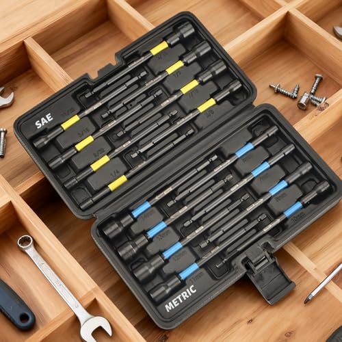 AEROFORCE 16PCS Magnetic Nut Driver Set for Impact Drill, 6 Inch Extra Long Nut Drivers with Sturdy Tool Box, SAE/Metric 1/4" Hex Shank Socket Set for Drill, DIY and Repair Car - size: 16PCS Long Magnetic Nut Driver Set