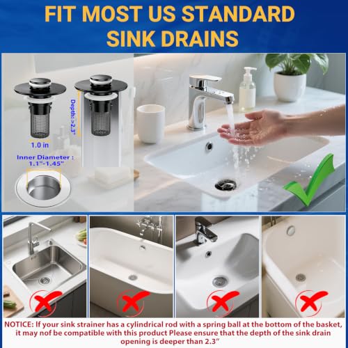 Bathroom Sink Drain Strainer, Pop-Up Bathroom Sink Stopper with Removable Stainless Steel Hair Catcher Basket, Universal Fit for US Bathroom Sinks, Showers & Floor Drains (2pcs-Black) - color: 2pcs-black