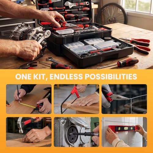 NEWBULIG 330-Piece Complete Tool Box Set, Durable Homeowners Tool Kit with Pull-Out Drawer, Versatile Home Repair Kit for Auto & Household, DIY Projects, Black-Red - color: Black Red, size: 16
