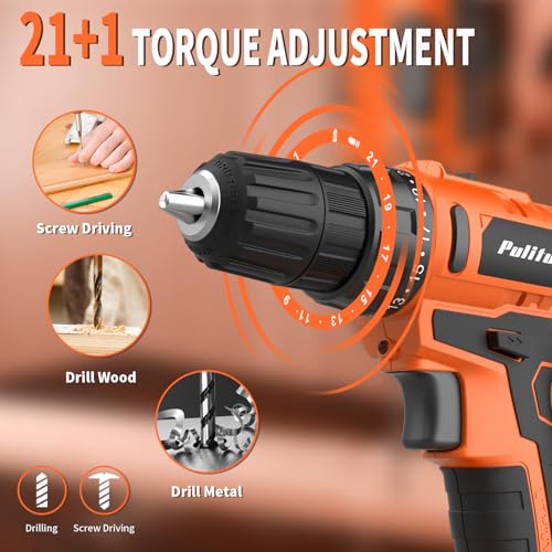 PULITUO 20V Cordless Drill/Driver, 2 Batteries Electric Screwdriver, 30Nm Power Drill Driver, 21+1 Torque, 2 Speed, 3/8"Keyless Chuck, power Drill with LED Light, Drill Driver Kit for Home (Orange) - style: 20V Drill (orange)-double