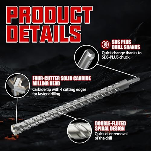 CSOOM SDS Plus Rotary Hammer Drill Bit 1"x18.11", Professional Concrete Drill Bit for Concrete, Brick, Stone and Cement Walls - size: 1"x18.11"