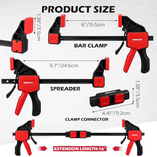 6-Pack 6 Inch Bar Clamps for Woodworking with Clamp Connector, 6" Quick-Release Wood Clamps with 150 LBS Load Limit, Trigger Clamp Set, One-Handed Clamps/Spreader Ideal for Woodworking DIY Projects - style: 6" (6-Pack) | Extends to 12"+